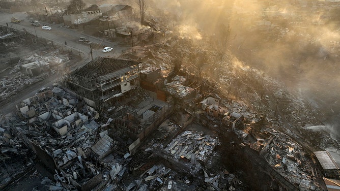 Aerial view of the aftermath of a fire at the hills in Viña del Mar, Chile on February 3, 2024.