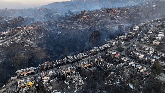Aerial view of the aftermath of a fire at the hills in Viña del Mar, Chile on February 3, 2024.