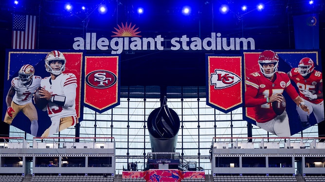 A general view of signage before Super Bowl LVIII Opening Night at Allegiant Stadium on February 05, 2024 in Las Vegas, Nevada. Super Bowl LVIII will be played between the Kansas City Chiefs and the San Francisco 49ers at Allegiant Stadium on February 11 in Las Vegas.