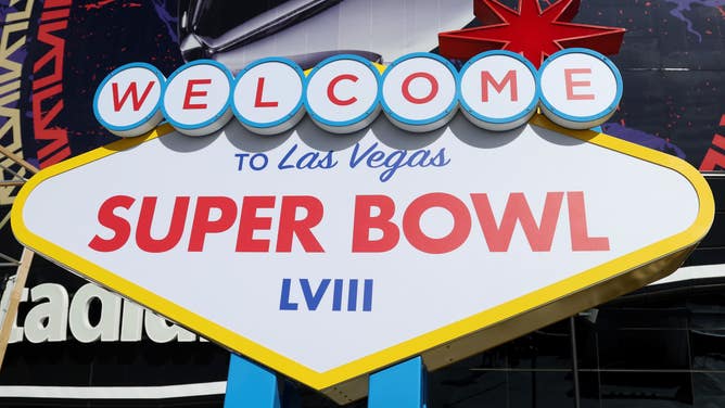 LAS VEGAS, NEVADA - FEBRUARY 07: Super Bowl LVIII signage is seen outside of Allegiant Stadium on February 07, 2024 in Las Vegas, Nevada. (Photo by Rob Carr/Getty Images)