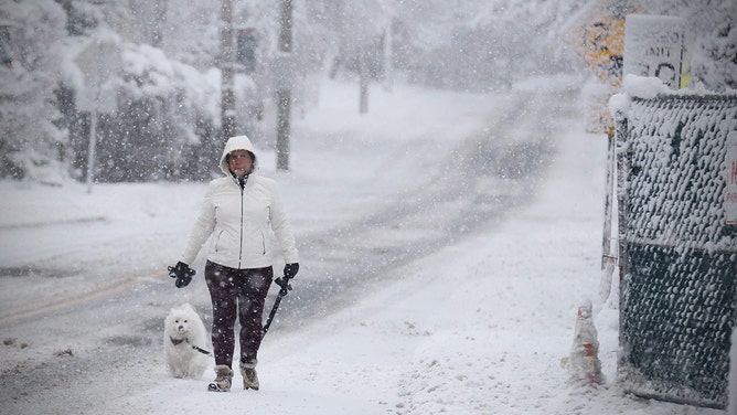 A woman walks a dog as snow falls in Tappan, New York, on February 13, 2024.