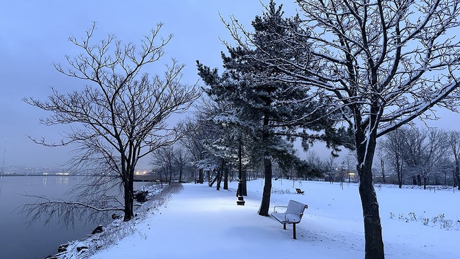 A view of the park covered in snow during winter at Hudson County, Secaucus, New Jersey on February 17, 2024.