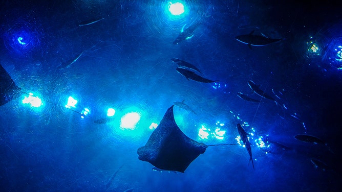 A large ray, and other fish are silhoutted against the artificial lights of a large aquarium at Ocean Park, Hong Kong.
