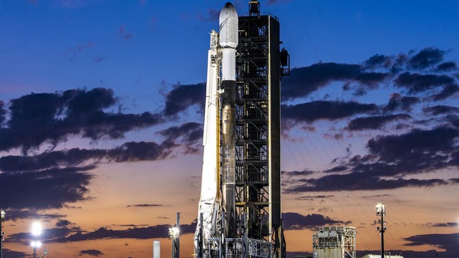 A SpaceX Falcon 9 at Kennedy Space Center launchpad 39A ahead of the Intuitive Machines Nova-C launch.
