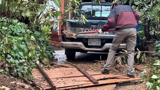 Flooding and mudslide damage in the Beverly Glen neighborhood in Los Angeles County, California on Feb. 6, 2024 after an atmospheric river caused massive flooding throughout SoCal.