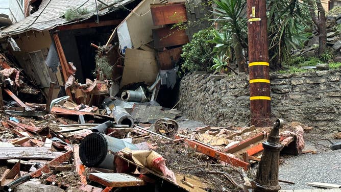 Flooding and mudslide damage in the Beverly Glen neighborhood in Los Angeles County, California on Feb. 6, 2024 after an atmospheric river caused massive flooding throughout SoCal. (Image: Robert Ray/FOX Weather)