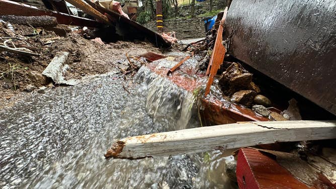 Flooding and mudslide damage in the Beverly Glen neighborhood in Los Angeles County, California on Feb. 6, 2024 after an atmospheric river caused massive flooding throughout SoCal. (Image: Robert Ray/FOX Weather)