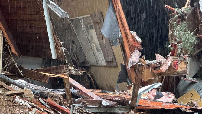 Flooding and mudslide damage in the Beverly Glen neighborhood in Los Angeles County, California on Feb. 6, 2024 after an atmospheric river caused massive flooding throughout SoCal. (Image: Robert Ray/FOX Weather)
