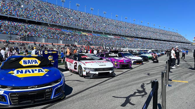 Scenes from the 66th annual Daytona 500 at Daytona International Speedway in Florida on Feb. 19, 2024. Florida storms caused officials to delay the race until Monday afternoon.