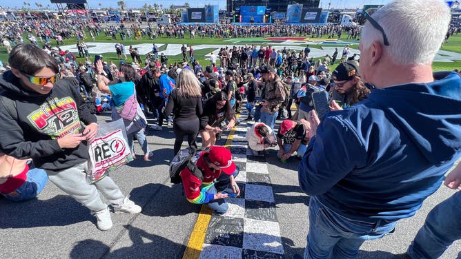 Scenes from the 66th annual Daytona 500 at Daytona International Speedway in Florida on Feb. 19, 2024. Florida storms caused officials to delay the race until Monday afternoon.