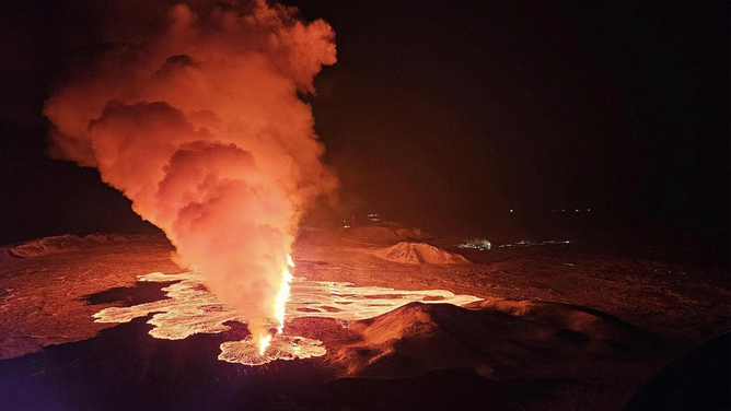 An aerial view shows lava after volcano eruption northeast of Sylingarfell, near Grindavik, Reykjanes Peninsula, Iceland early Thursday, February 8, 2024. (Photo by Iceland Civil Defense/Handout/Anadolu via Getty Images)