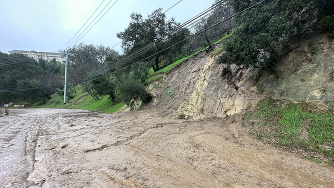 A mudslide is seen in the Los Angeles area on Monday, Feb. 5, 2024.
