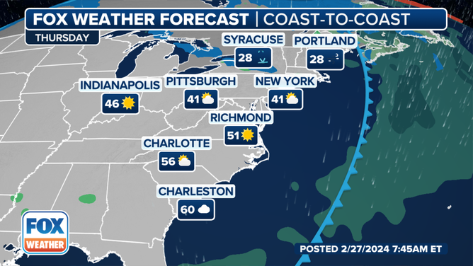 Florida to Maine will get a blast of winter too but temperatures will drop by 20 degrees instead of 50-60.