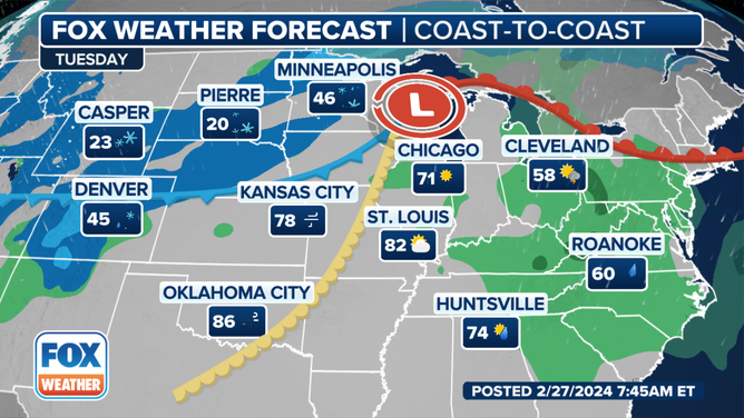 Ahead of the front, watch for severe storms.