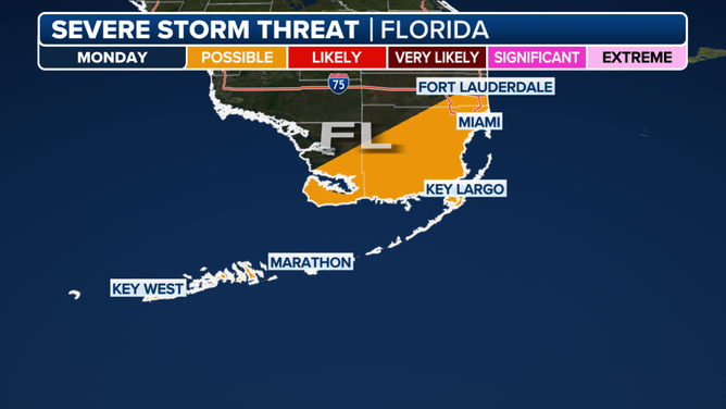 A map of Monday's severe storm threat area in Florida.