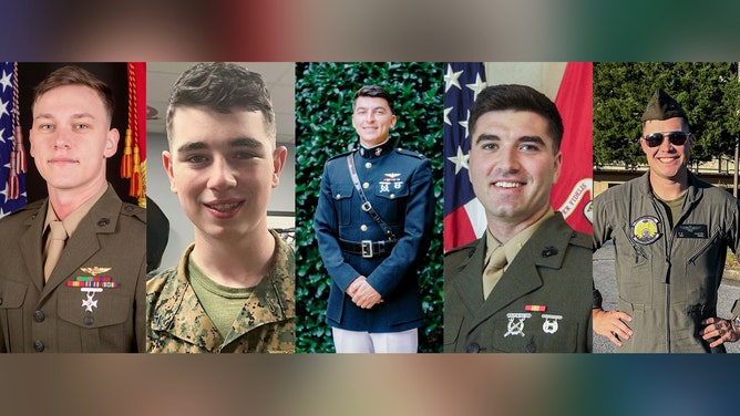 From left to right: Sgt. Alec Langen, 23, of Chandler, Arizona; Lance Cpl. Donovan Davis, 21, of Olathe, Kansas; Capt. Miguel Nava, 28, of Traverse City, Michigan; Capt. Jack Casey, 26, of Dover, New Hampshire; and Capt. Miguel Nava, 28, of Traverse City, Michigan.