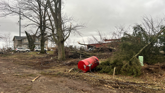 This image shows the damage left behind when severe weather tore through Calhoun County in Michigan on Wednesday, Feb. 28, 2024.