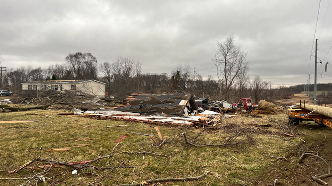 This image shows damage caused by severe weather in Calhoun County, Michigan, on Wednesday, Feb. 28, 2024.