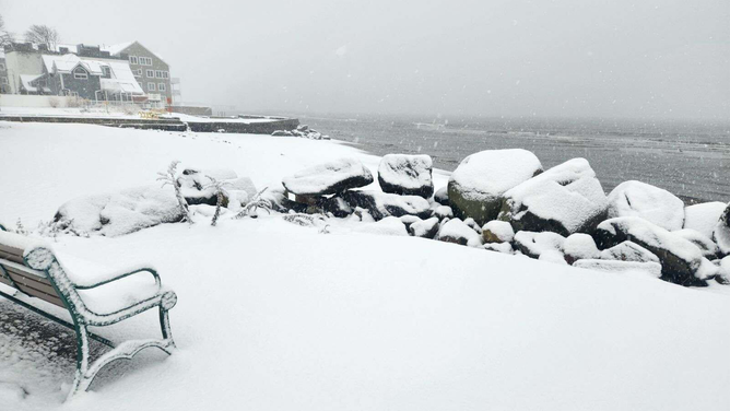Snow is seen falling in Milford, Connecticut, during a nor'easter on Tuesday, Feb. 13, 2024.