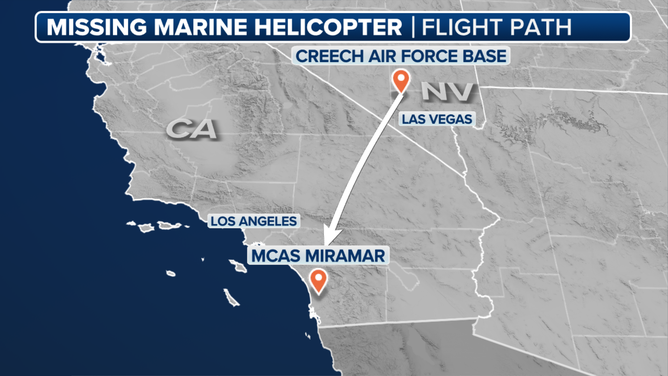 The helicopter was en route from Creech Air Force Base located in Clark County, Nevada Tuesday night and was heading towards the Marine Corps Air Station Miramar in Southern California at the time.