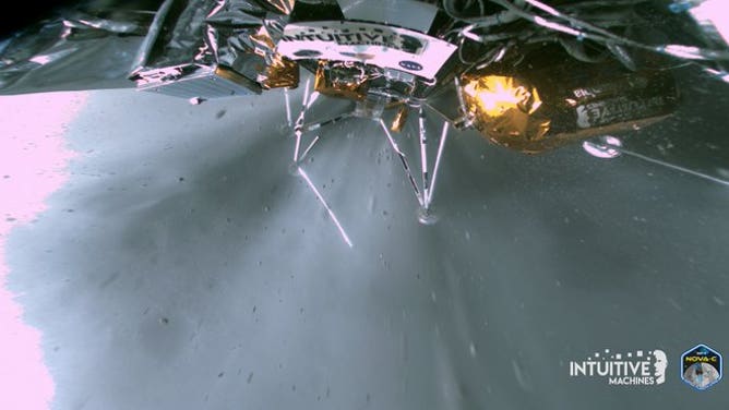 This image captures Odysseus’ landing strut during landing on February 22, 2024 performing its primary task, absorbing first contact with the lunar surface. Meanwhile, the lander’s liquid methane and liquid oxygen engine is still throttling, which provided stability.
