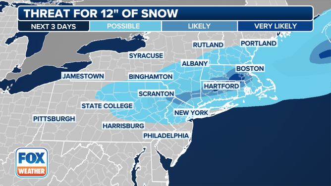 A graphic showing the threat of 12 inches of snow in the Northeast and New England.