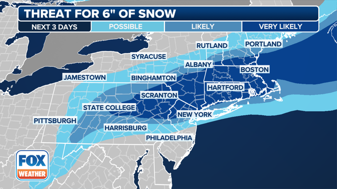 A graphic showing the threat of 6 inches of snow in the Northeast and New England.