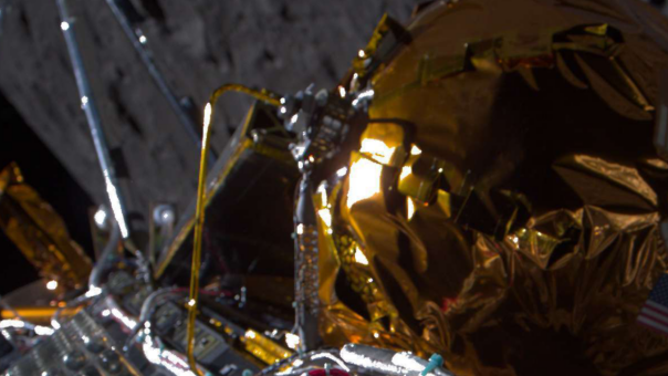 Odysseus, the spacecraft built by Houston-based Intuitive Machines, passes over the near side of the Moon following lunar orbit insertion on Feb. 21, 2024.