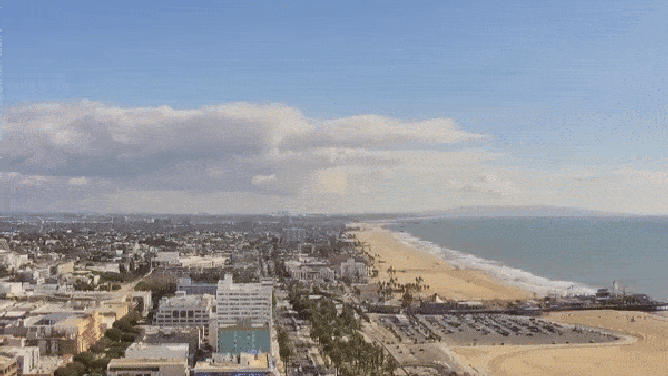 In this looped video, a camera shot looking out over Santa Monica shakes as the earthquake strikes. Feb. 9, 2024.