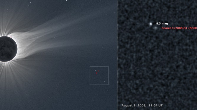 About 20 hours before the eclipse of Aug. 1, 2008, comet C/2008 O1 was spotted in SOHO images.