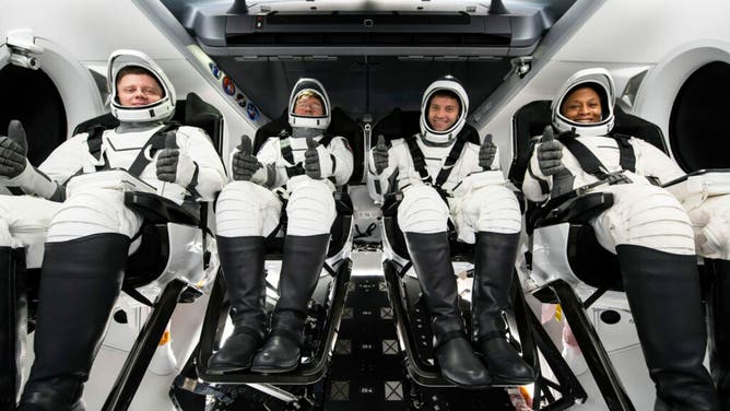 From left to right, Roscosmos cosmonaut mission specialist Alexander Grebenkin; NASA astronauts Michael Barratt, pilot; Matthew Dominick, commander; and mission specialist Jeanette Epps, who will fly aboard NASA’s SpaceX Crew-8, participate in the Crew Equipment Interface Test at Cape Canaveral Space Force Station in Florida.