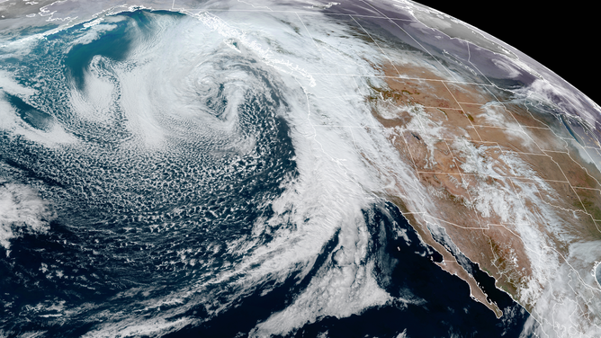 GOES-18 satellite image of the massive storm heading into the West Coast taken the afternoon of Jan. 31, 2024