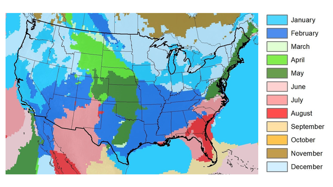 Map showing the Cloudiest Month of the Year (Percent): 1991-2020. Source: ECMWF ERA5. Analysis period: 1950-2023.