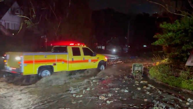 Mudslides near Fryman and Lockridge in Los Angeles. Multiple homes were evacuated on Feb. 5, 2024.