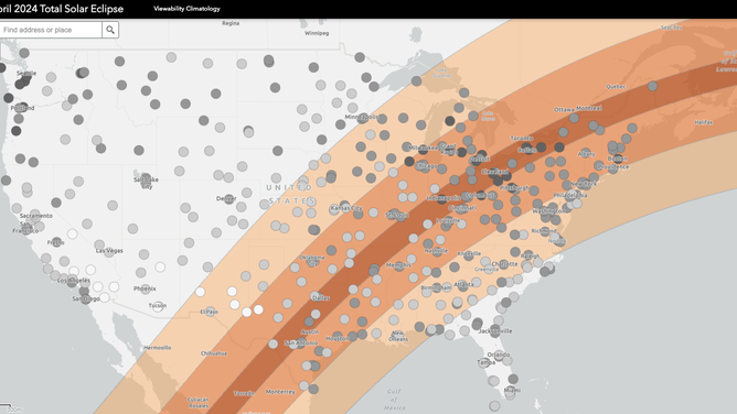 Gray dots of different darknesses represent cloud cover over the path of totality for the April 8, 2024 eclipse.