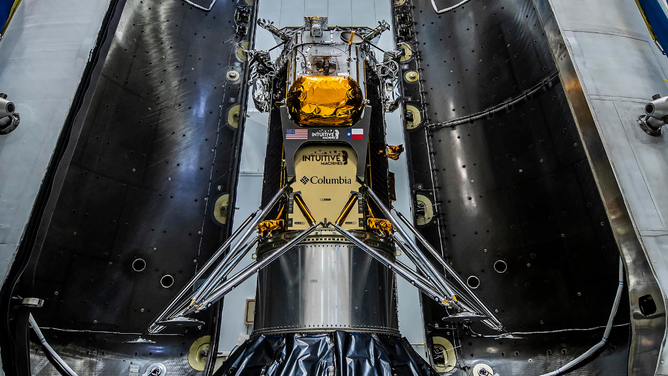 Intuitive Machines Nova-C lander, also known as Odie, within the SpaceX Falcon 9 fairings.