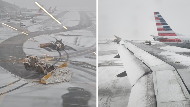 Crews at LaGuardia Airport in New York City clean up snow from the tarmac (left), as snow sits on the wing of an airplane (right). Feb. 13, 2024.