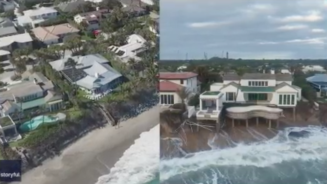 Before and after images show the shoreline after weeks of beach erosion in Jupiter Inlet Colony, Florida.