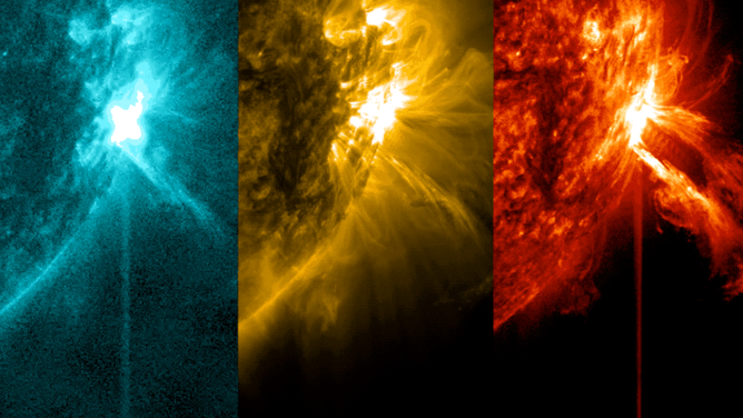 NASA’s Solar Dynamics Observatory captured these images of a solar flare – as seen in the bright flash on the right of each image – on Feb. 16, 2024. The images show three subsets of extreme ultraviolet light that highlight the extremely hot material in flares and which are colorized in teal, gold, and red. 