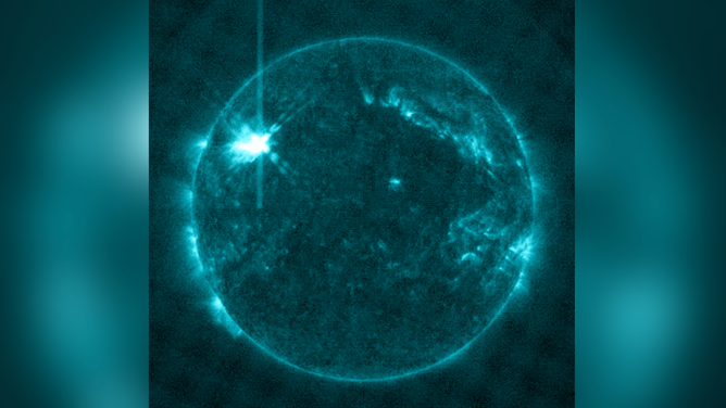 NASA’s Solar Dynamics Observatory captured these images of a solar flare – as seen in the bright flashes in the upper left area of the Sun – on Feb. 21 and 22, 2024. The images show a subset of extreme ultraviolet light that highlights the extremely hot material in flares and which is colorized in teal. Credit: NASA/SDO