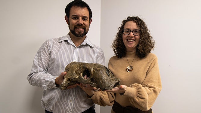 Robert Boessenecker and Sarah Boessenecker holding the skull.