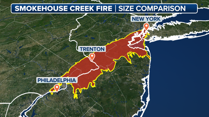 A map showing how the Smokehouse Creek Fire would cover an area from Philadelphia to New York City. 