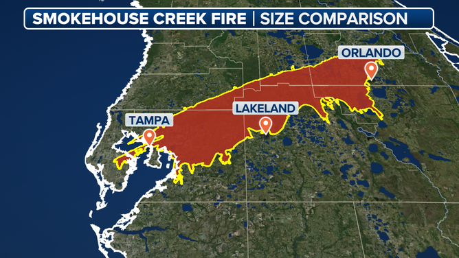 A map showing how the Smokehouse Creek Fire would cover an area in Florida from Tampa to Orlando.