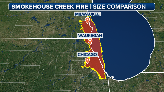 A map showing how the Smokehouse Creek Fire would cover an area from Milwaukee to Chicagoland.