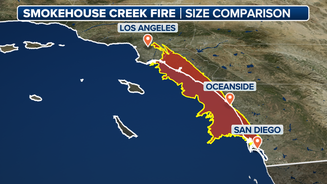 A map showing how the Smokehouse Creek Fire would cover Southern California.