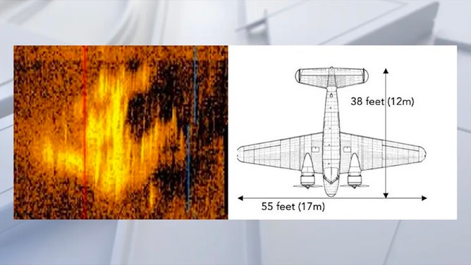 Sonar image side by side with Earhart’s Electra at scale.