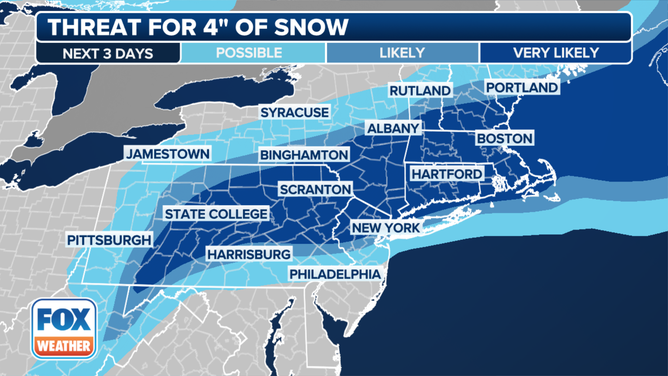 A graphic showing the threat of 4 inches of snow in the Northeast and New England.