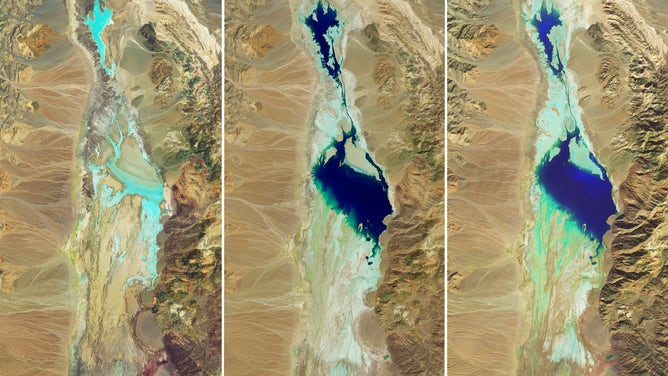 A series of NASA satellite images show Lake Manly in the Badwater Basin at Death Valley National Park.