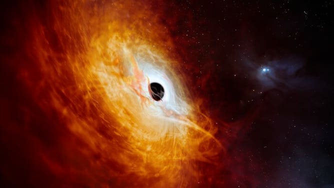 This artist’s impression shows the record-breaking quasar J059-4351, the bright core of a distant galaxy that is powered by a supermassive black hole. Using ESO’s Very Large Telescope (VLT) in Chile, this quasar has been found to be the most luminous object known in the Universe to date.