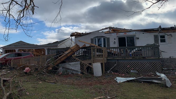 Damage is seen near Evansville, Wisconsin, after a tornado Feb. 8, 2024.